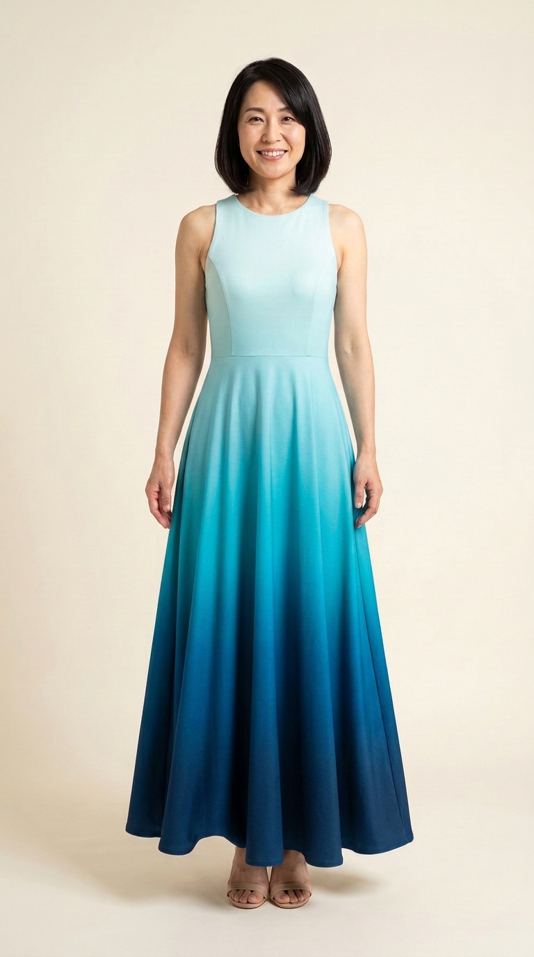 カスタムプリント ノースリーブ フレアロングワンピース | X10 オーシャンブルーの着用イメージ